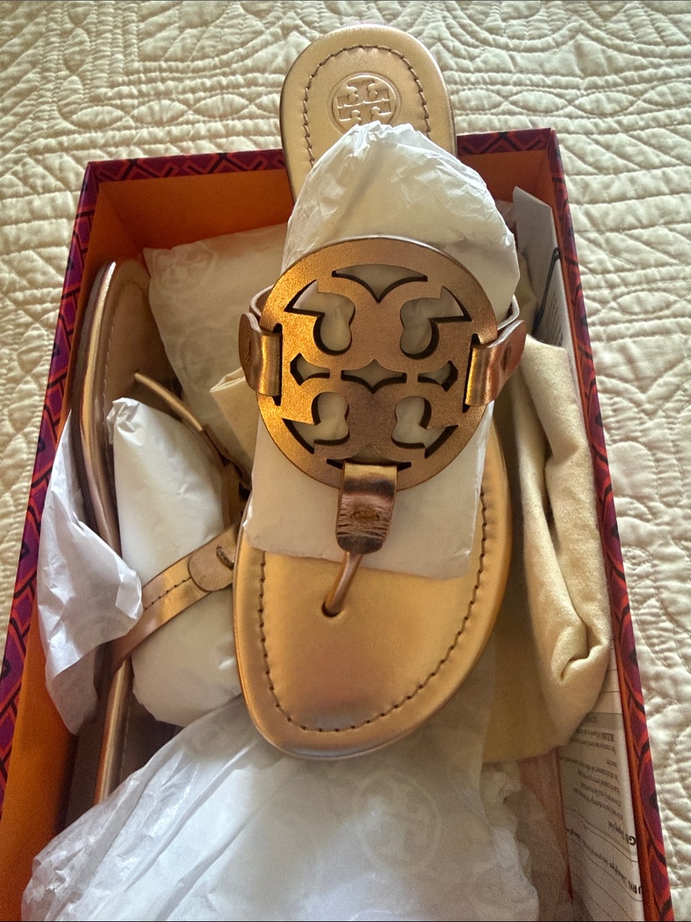Tory Burch Metallic Rose Gold Logo Thong Sandals.  Brand new in box.  Sz 7